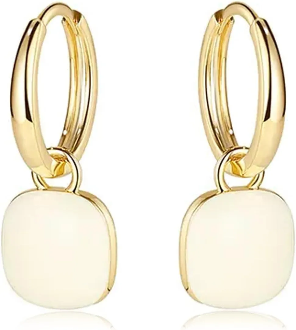 White Enamel Square Hoop Earrings for Women, 14K Gold Plated Dangle Drop Gold Small Huggie Hoop Earrings Hoop-1025-White