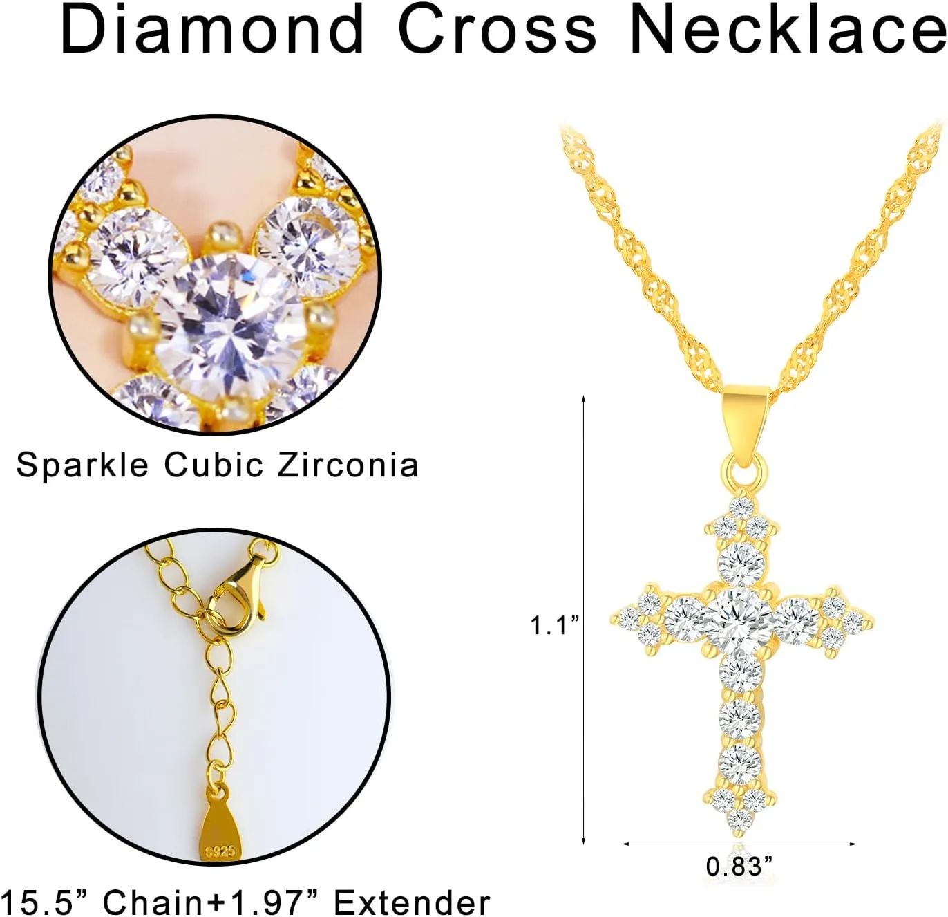 Wicary Cross Necklace for Women Gold Cross Necklaces for Women Sterling Silver Cubic Zirconia Pendant Necklace Religious Gifts for Birthday Anniversary