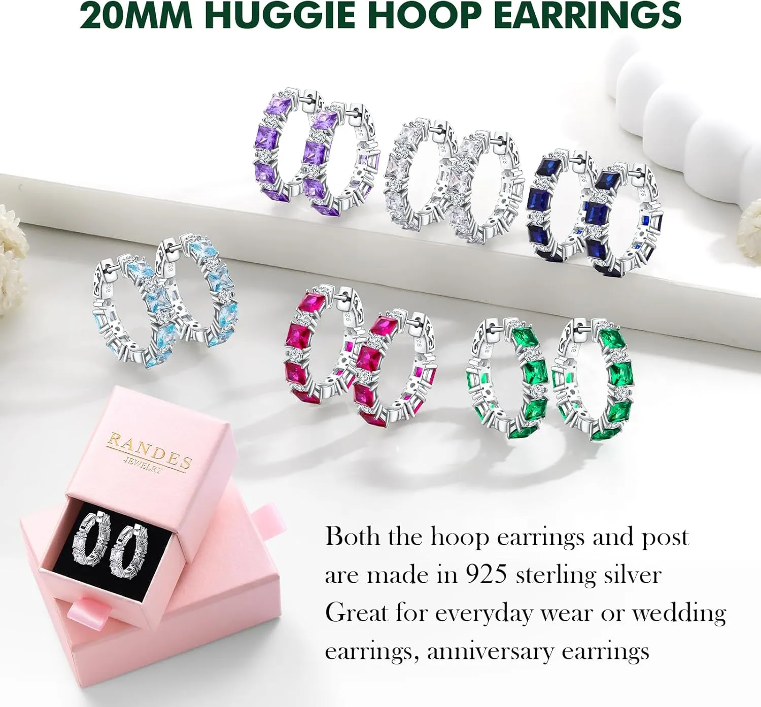 Women's Small Huggie Hoop Earrings - 925 Sterling Silver Chunky Hoops with Ruby, Sapphire, Emerald, Amethyst Gemstones