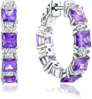 Women's Small Huggie Hoop Earrings - 925 Sterling Silver Chunky Hoops with Ruby, Sapphire, Emerald, Amethyst Gemstones