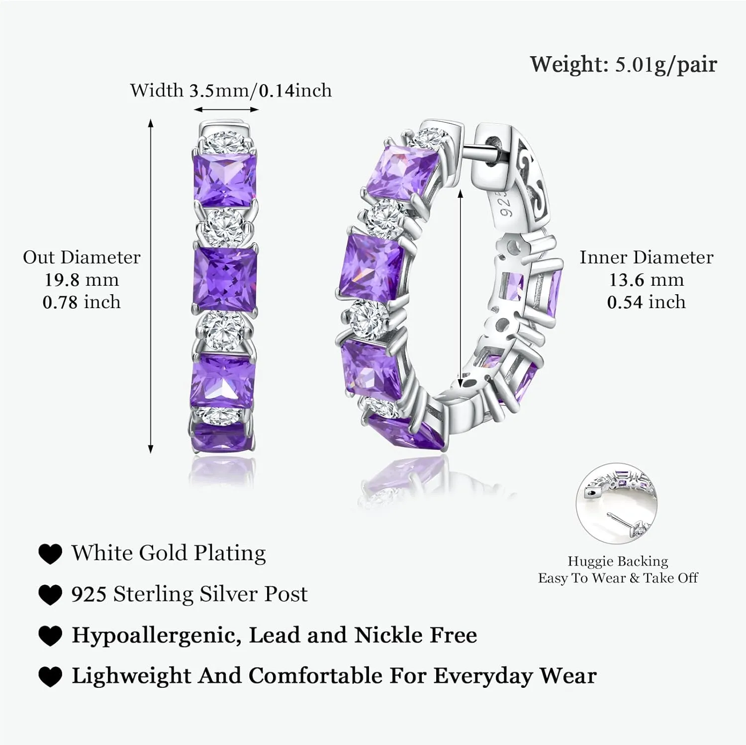 Women's Small Huggie Hoop Earrings - 925 Sterling Silver Chunky Hoops with Ruby, Sapphire, Emerald, Amethyst Gemstones