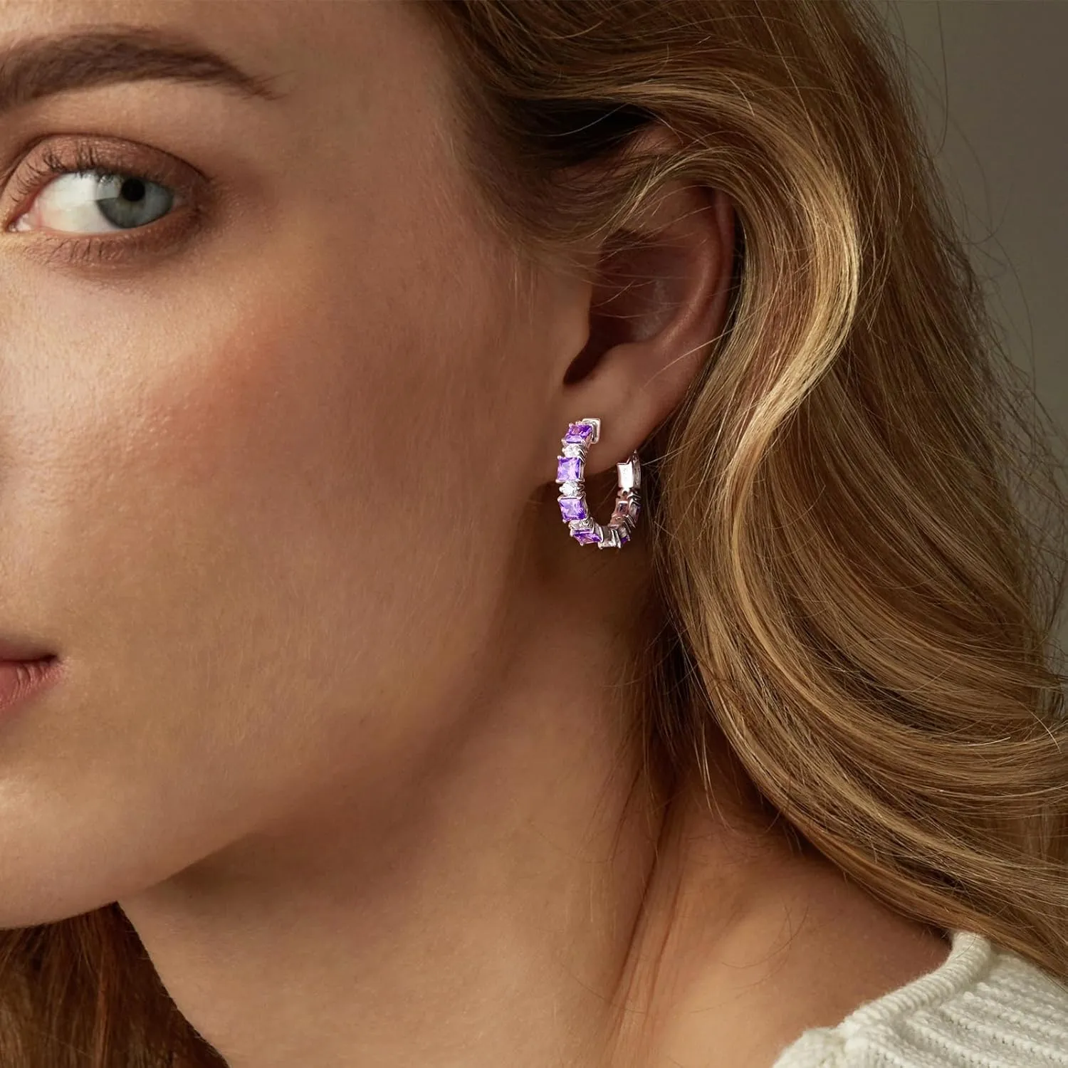 Women's Small Huggie Hoop Earrings - 925 Sterling Silver Chunky Hoops with Ruby, Sapphire, Emerald, Amethyst Gemstones