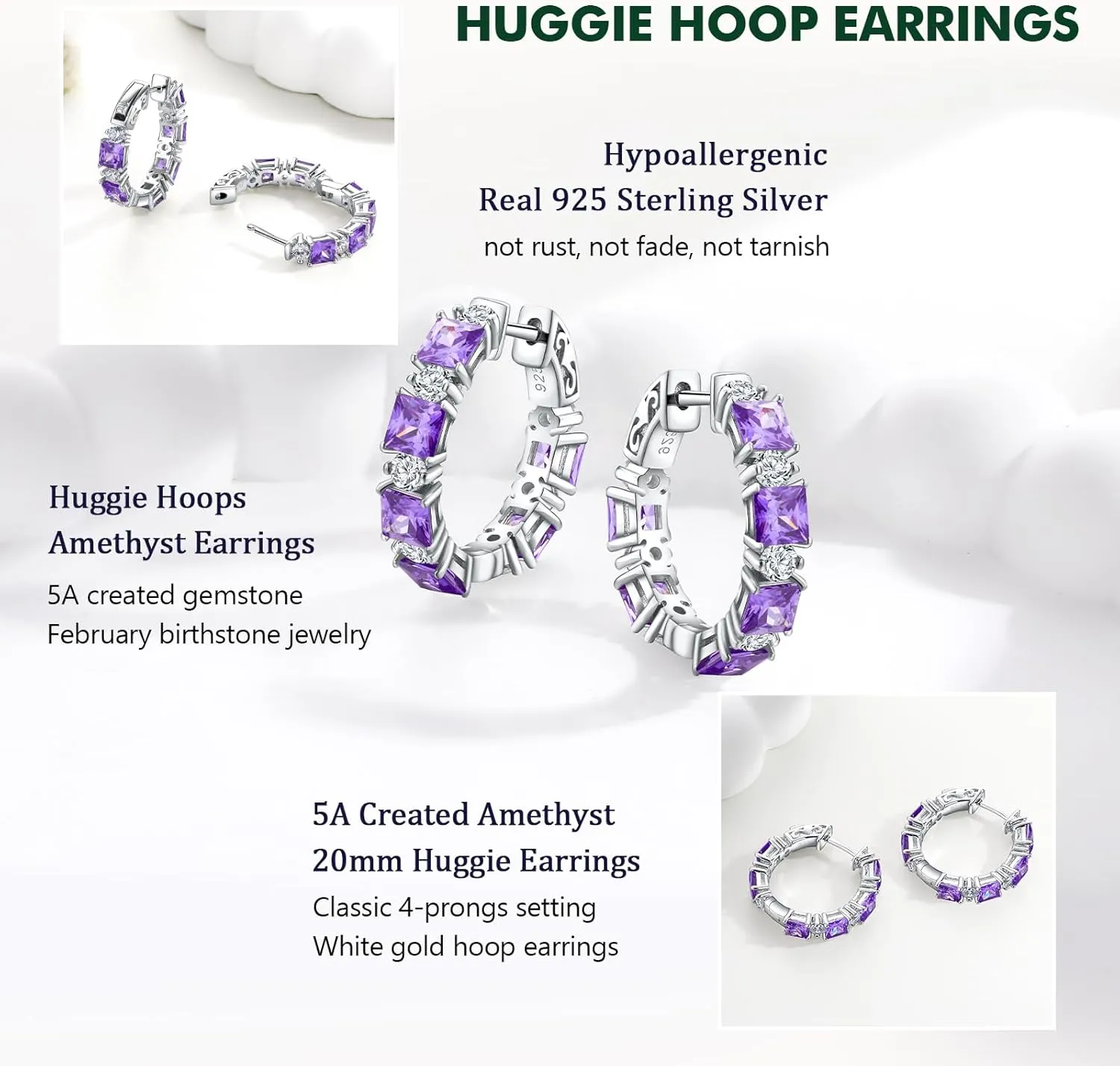Women's Small Huggie Hoop Earrings - 925 Sterling Silver Chunky Hoops with Ruby, Sapphire, Emerald, Amethyst Gemstones