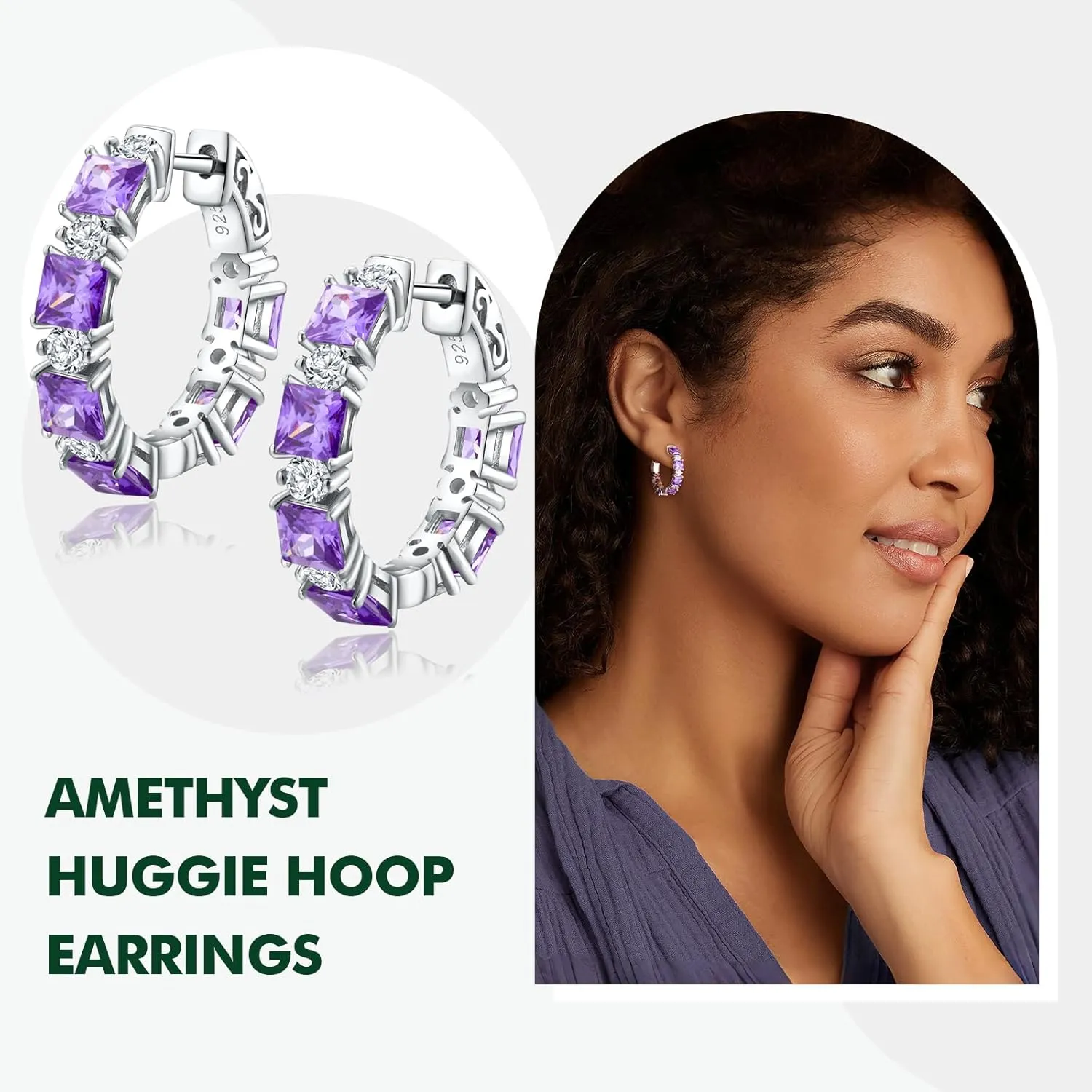 Women's Small Huggie Hoop Earrings - 925 Sterling Silver Chunky Hoops with Ruby, Sapphire, Emerald, Amethyst Gemstones