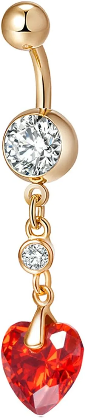 Womens Surgical Steel Belly Rings, Heart Dangling Simple Belly Rings 14G Cubic Zirconia Red 14 Gold Navel Ring