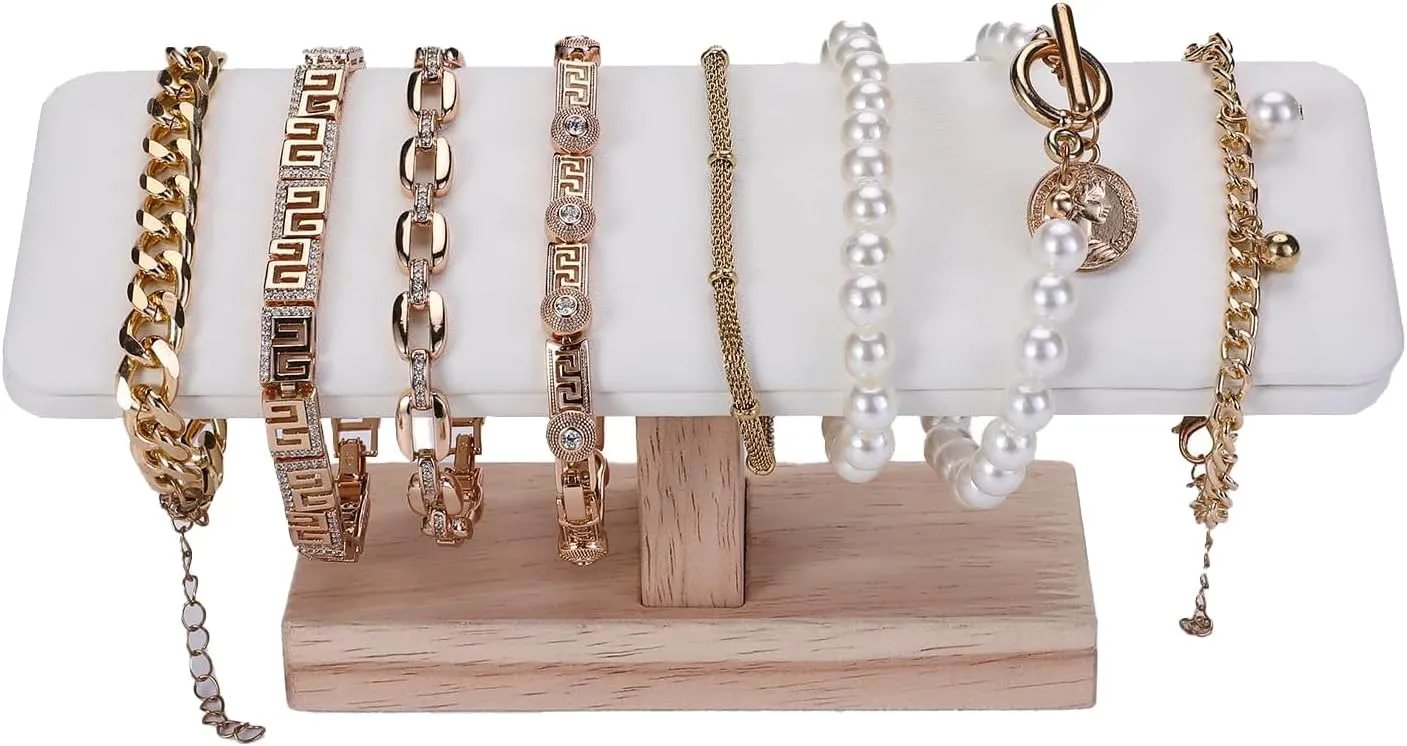 Wooden Watches Display Stands Base Watch Necklace Bracelet Organizer Rack Bangle Scrunchie Headband Showcase Stands Exterior Beige PU
