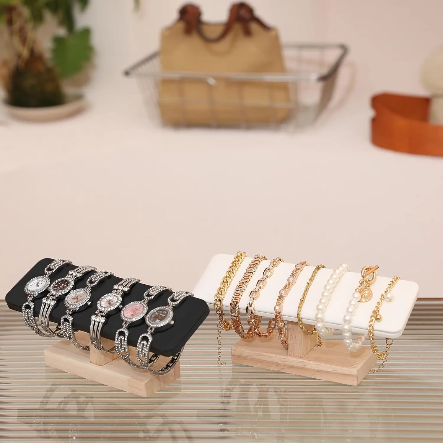 Wooden Watches Display Stands Base Watch Necklace Bracelet Organizer Rack Bangle Scrunchie Headband Showcase Stands Exterior Velvet Black