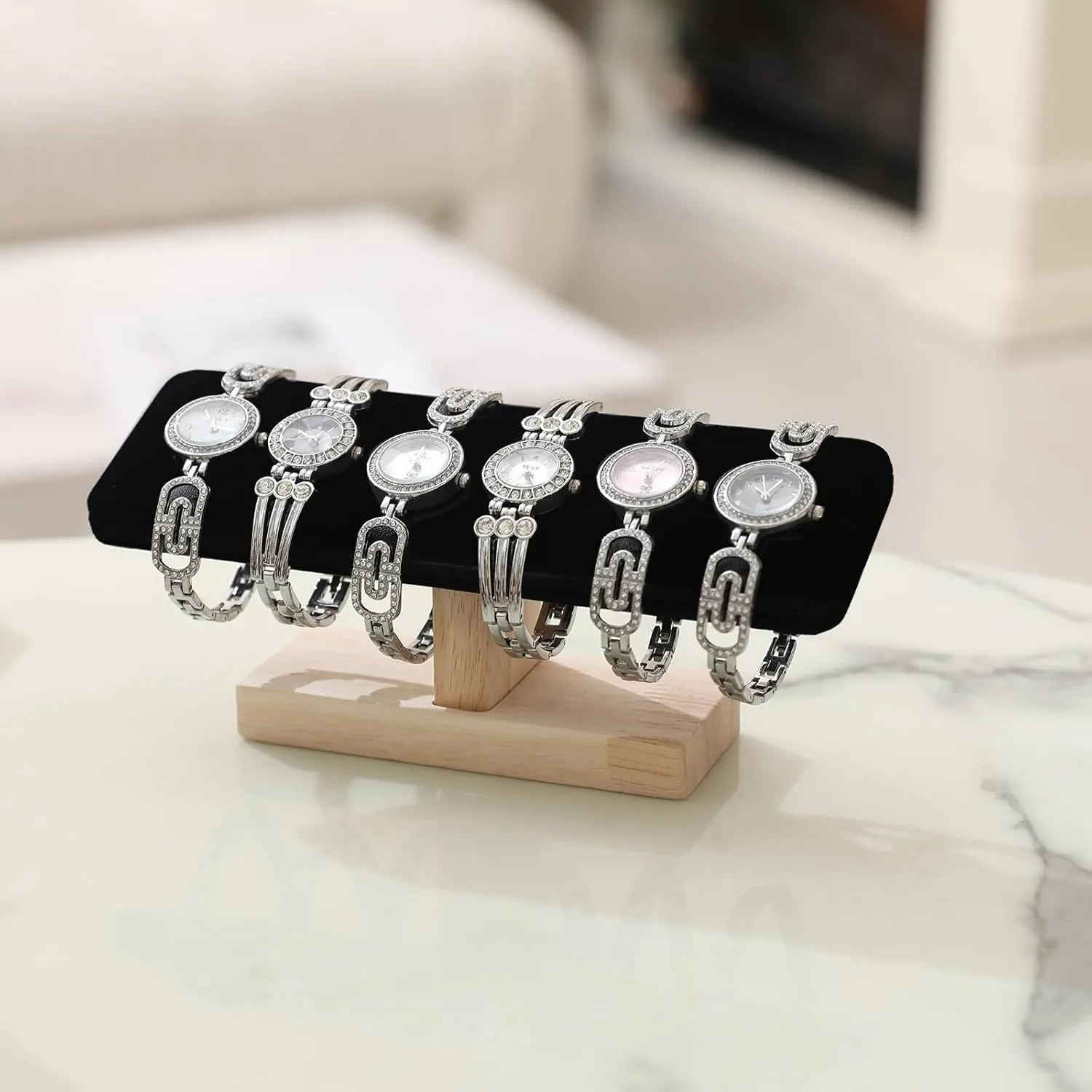 Wooden Watches Display Stands Base Watch Necklace Bracelet Organizer Rack Bangle Scrunchie Headband Showcase Stands Exterior Velvet Black