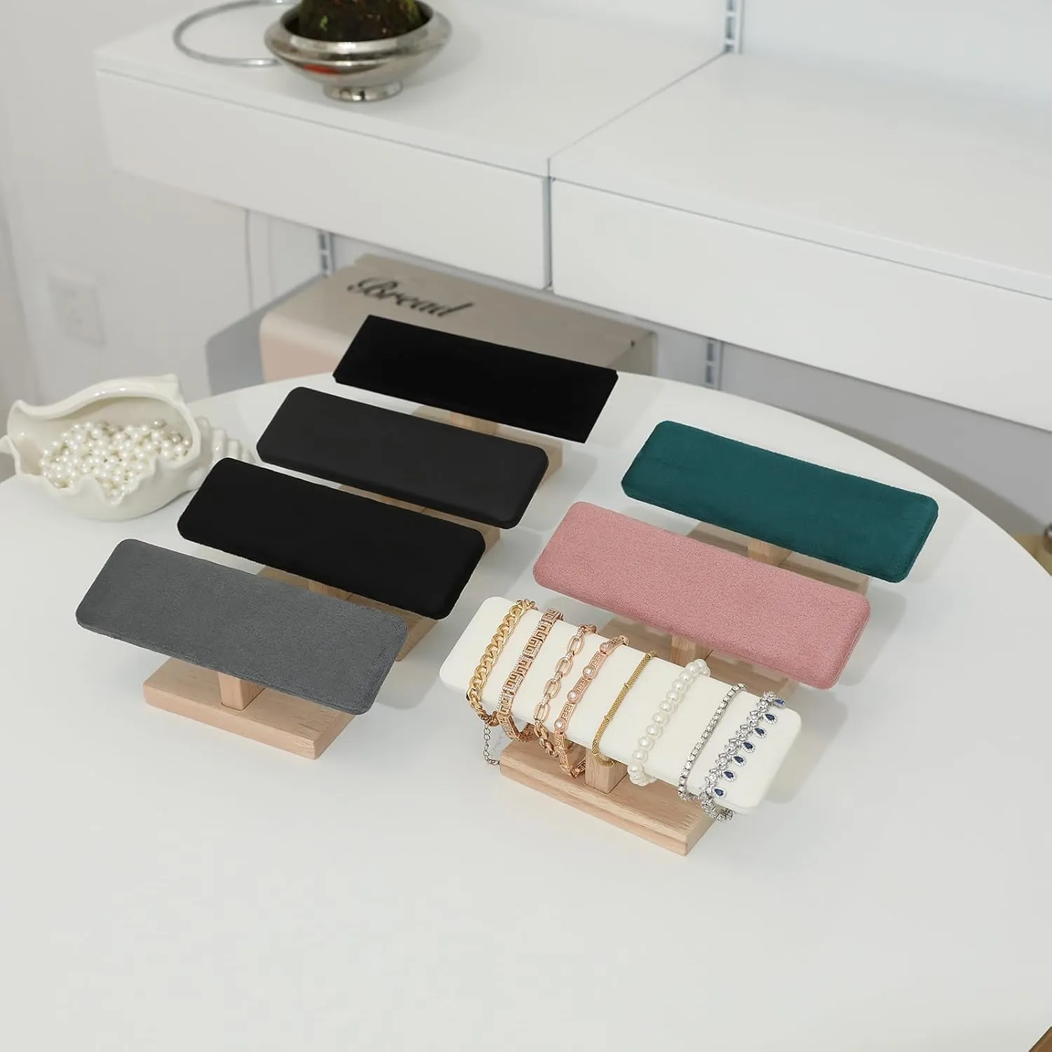 Wooden Watches Display Tower Base Watch Neck Bracelet Organizer Rack Bangle Scrunchie Headband Showcase Tower Beige Suede