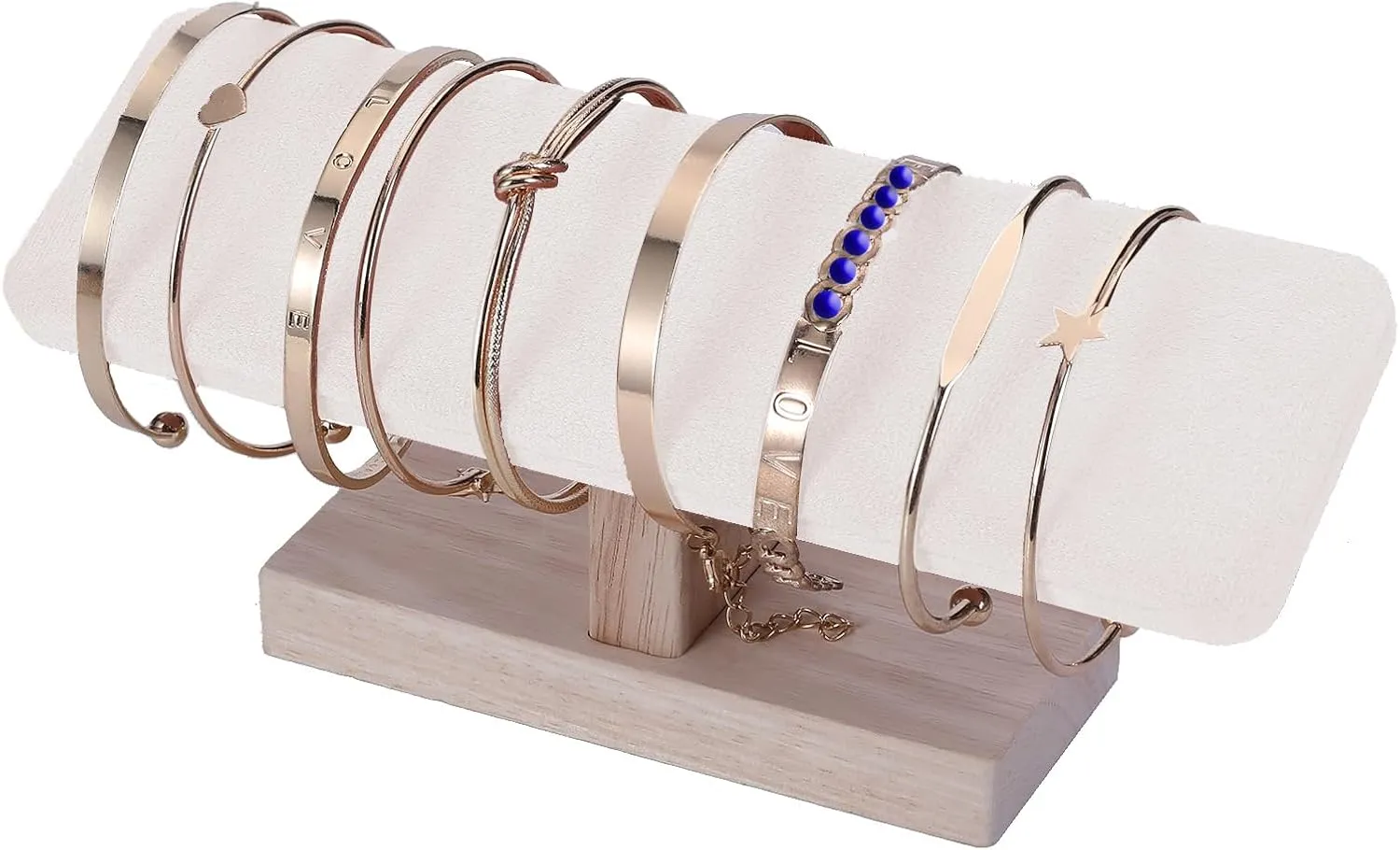Wooden Watches Display Tower Base Watch Neck Bracelet Organizer Rack Bangle Scrunchie Headband Showcase Tower Beige Suede