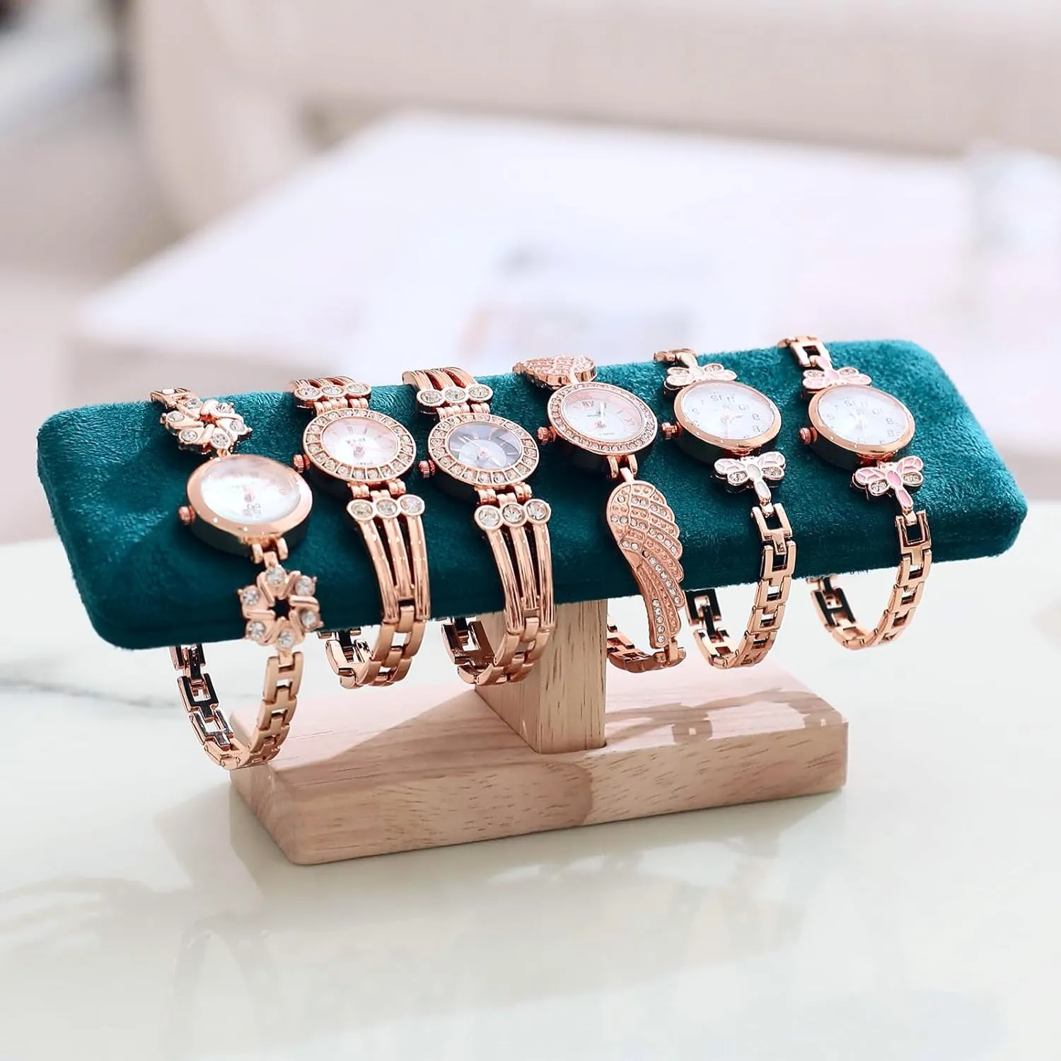 Wooden Watches Display Tower Base Watch Neck Bracelet Organizer Rack Bangle Scrunchie Headband Showcase Tower Dark Green Suede