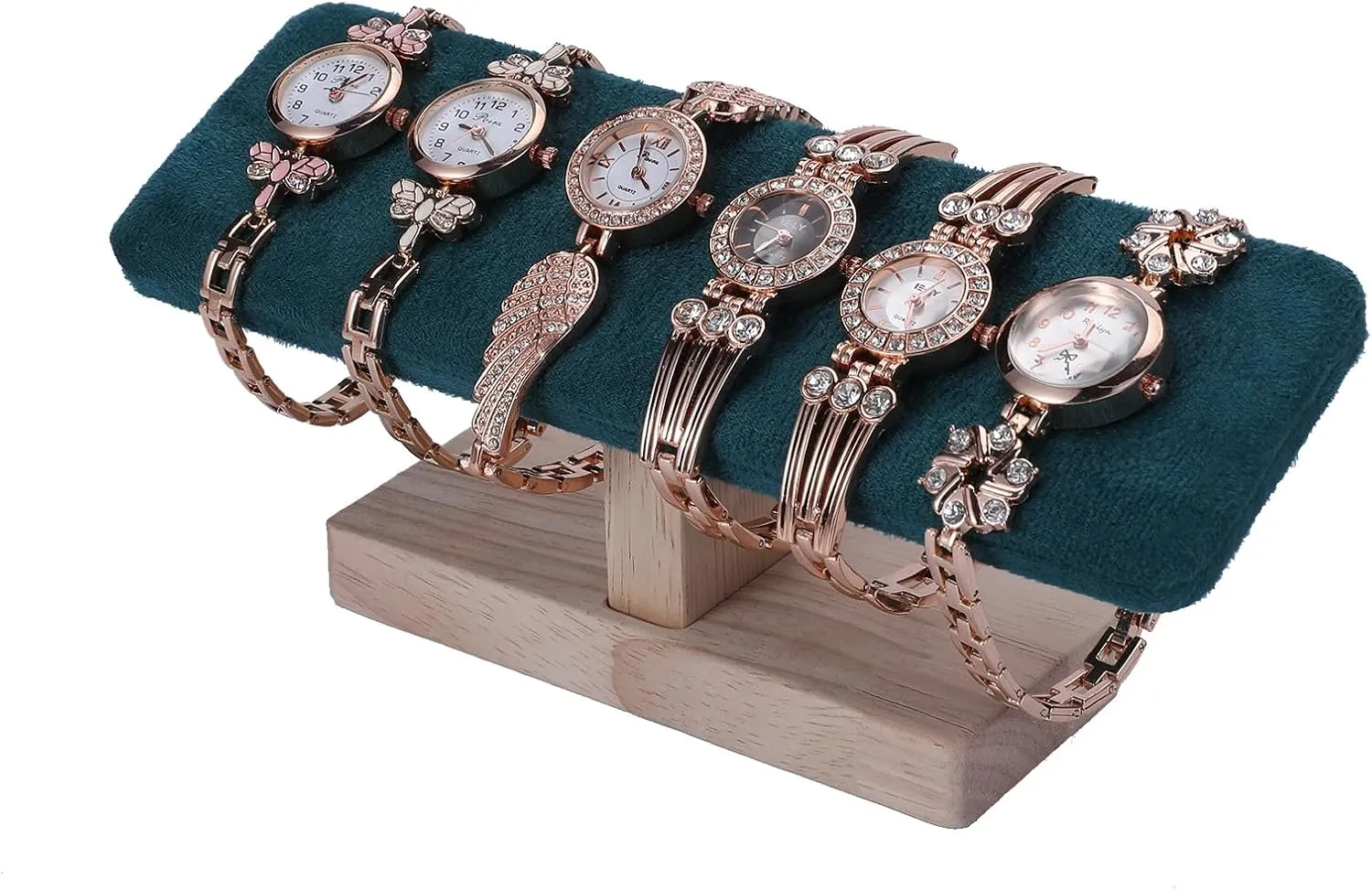 Wooden Watches Display Tower Base Watch Neck Bracelet Organizer Rack Bangle Scrunchie Headband Showcase Tower Dark Green Suede