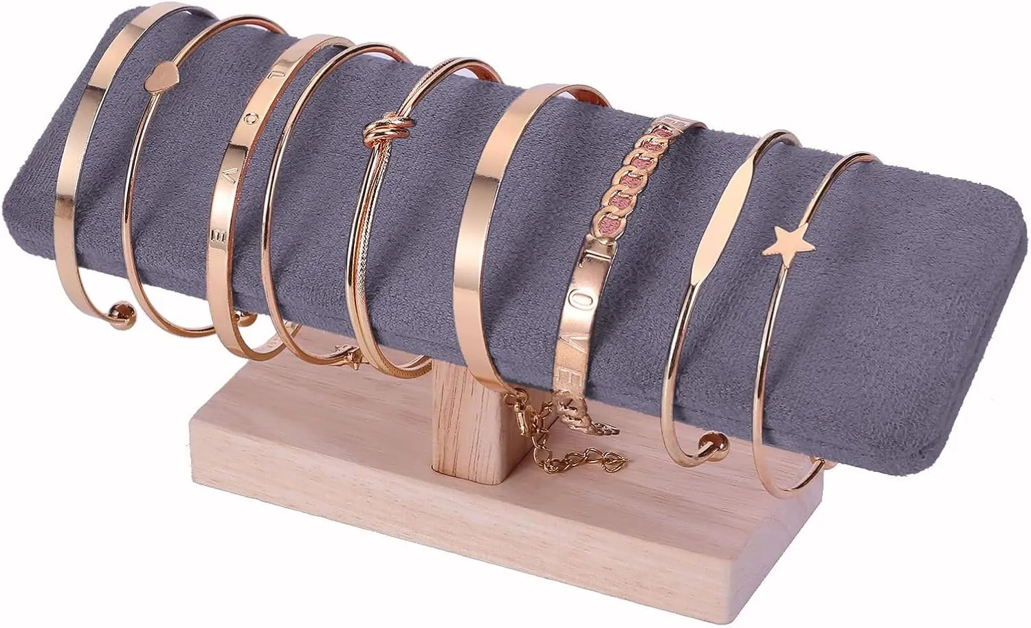 Wooden Watches Display tower Base Watch Necklace Bracelet Organizer Rack Bangle Scrunchie Headband Showcase tower (Dark Grey Suede, Flat single-layer)