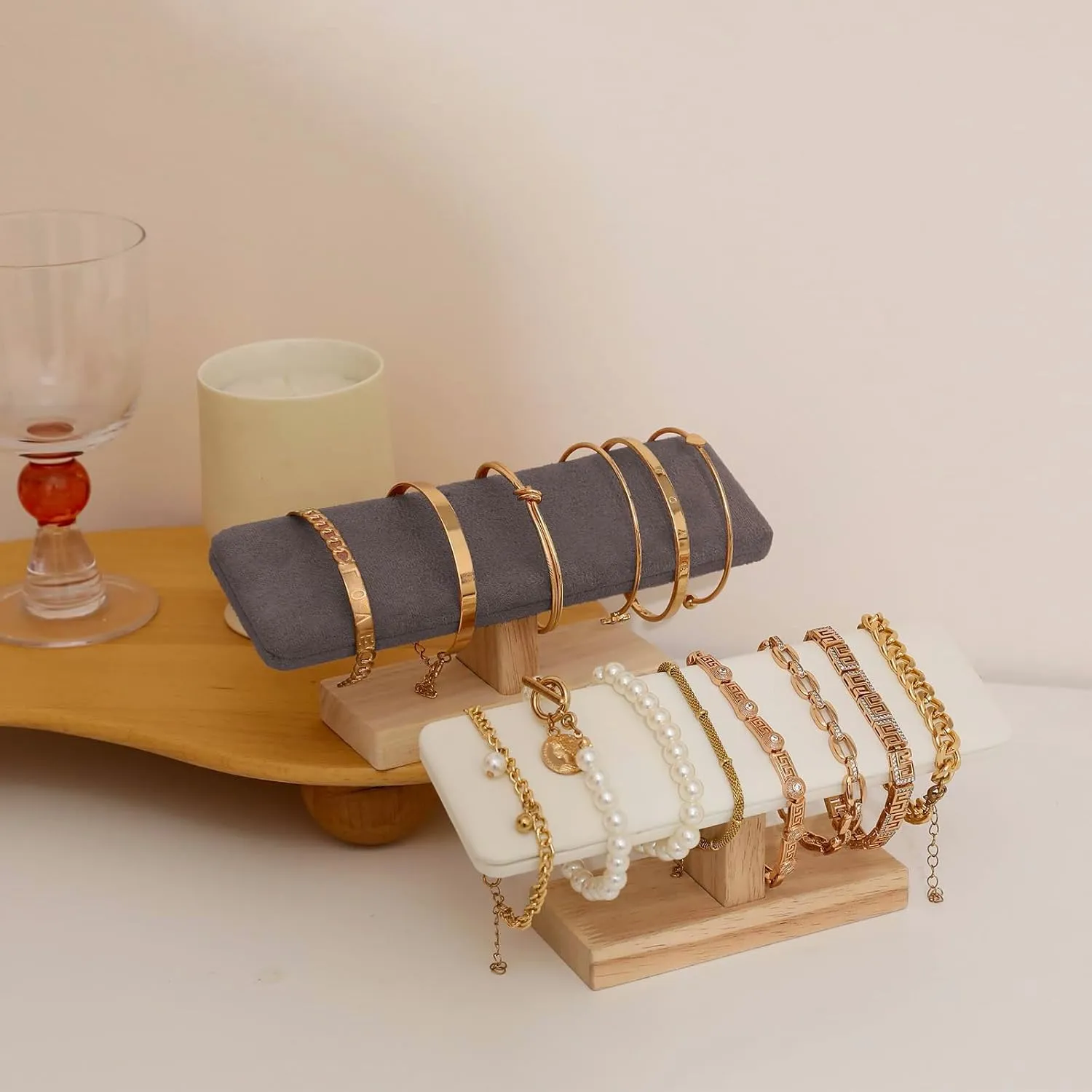 Wooden Watches Display tower Base Watch Necklace Bracelet Organizer Rack Bangle Scrunchie Headband Showcase tower (Dark Grey Suede, Flat single-layer)