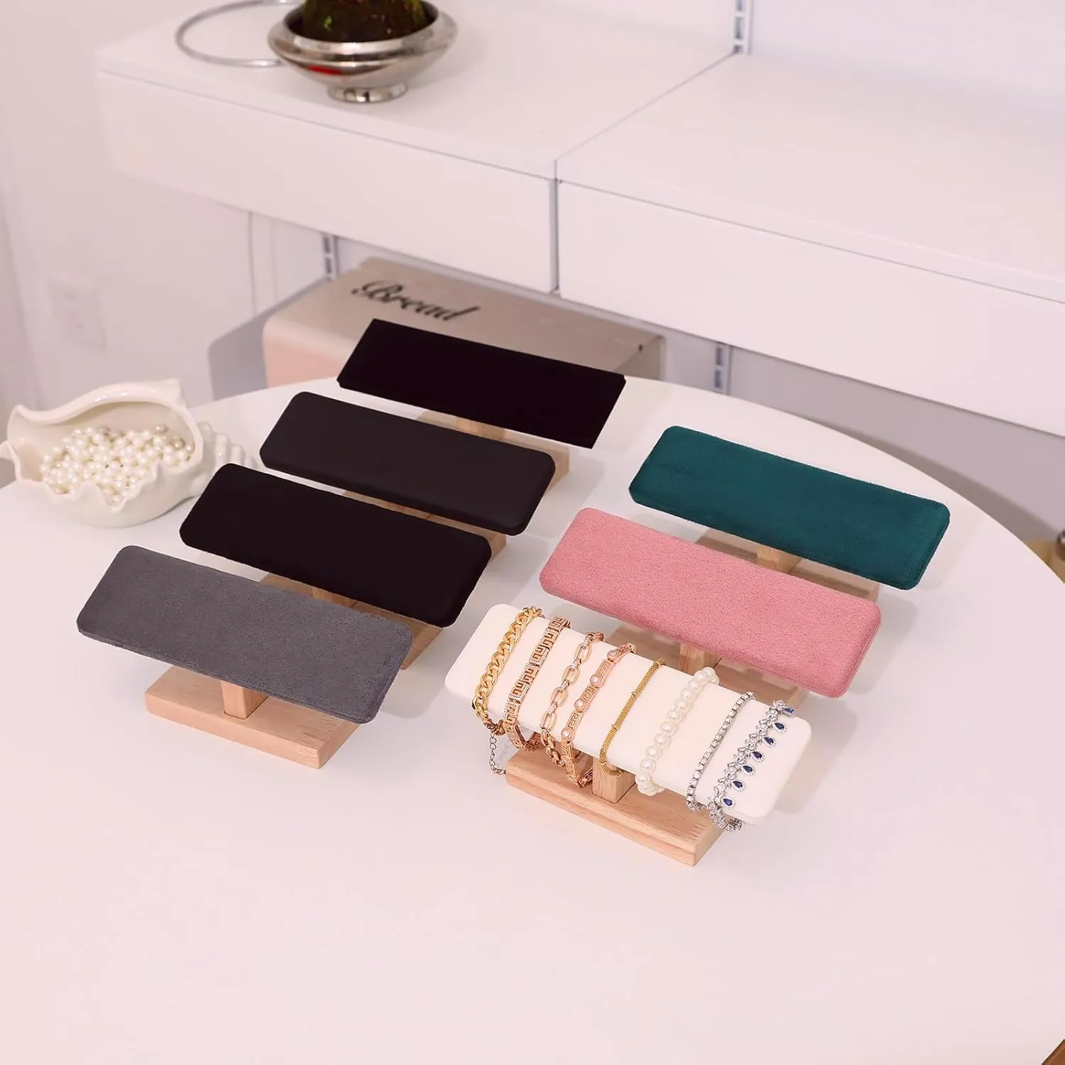 Wooden Watches Display tower Base Watch Necklace Bracelet Organizer Rack Bangle Scrunchie Headband Showcase tower (Dark Grey Suede, Flat single-layer)