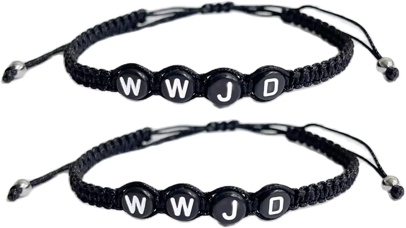 WWJD Braided Bracelet Colorful What Would Jesus do Bracelets Letter Bracelets Inspirational Religious Reminder Jewelry Gift for Women Men-2Pcs Black Circle
