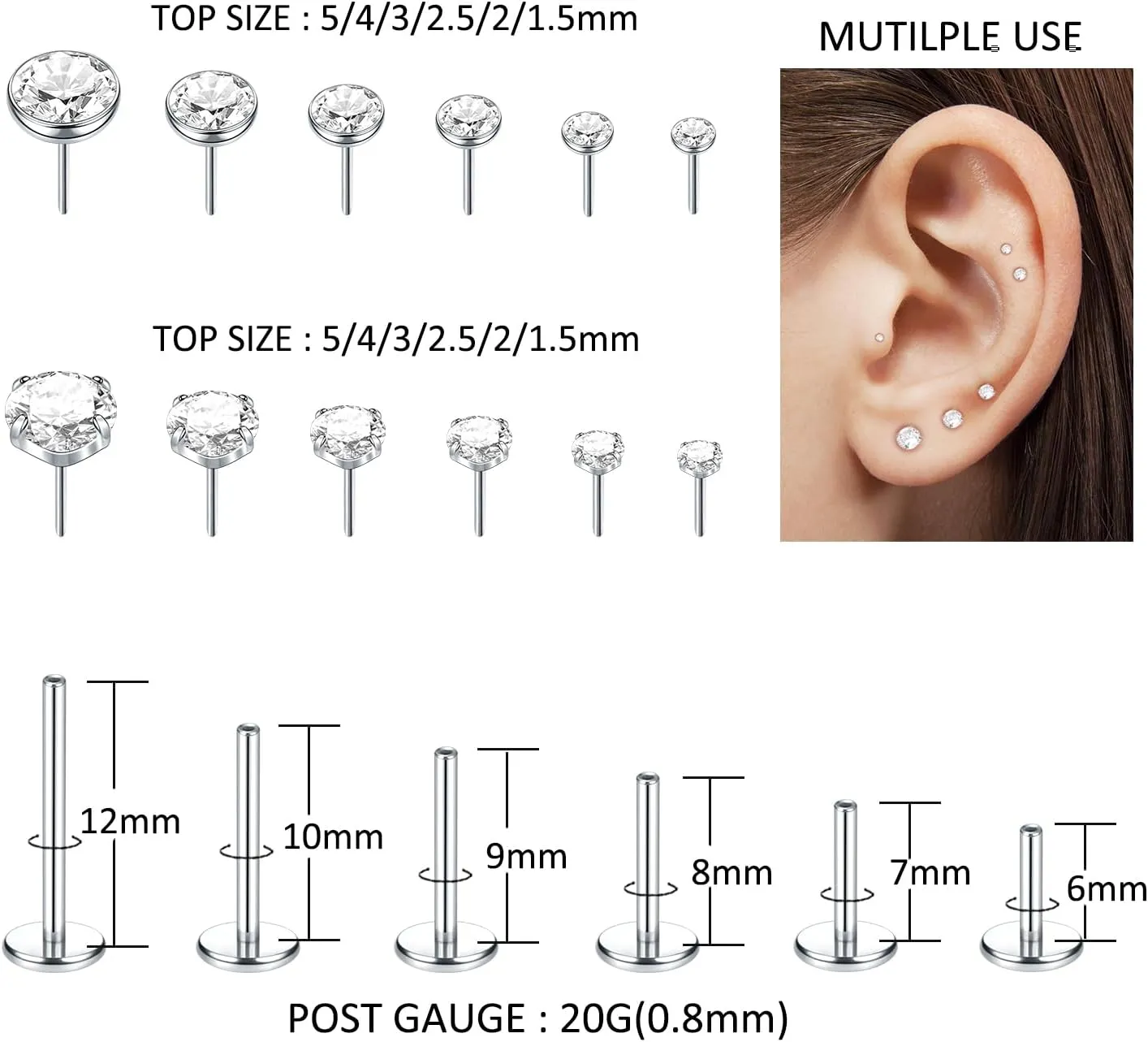 Xpircn 20G 18G 16G Threadless Push in Labret Lip Monroe Ring Nose Medusa Tragus Helix Cartilage Earrings Stud Piercing Jewelry for Women Men