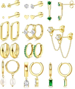 YADOCA 13Pairs Gold Earrings Stacks for Women Dainty Huggie Hoop Earrings Hypoallergenic 14k Gold Plated Flat Back Stud Cartilage Earring Sets for Multiple Piercing Pack