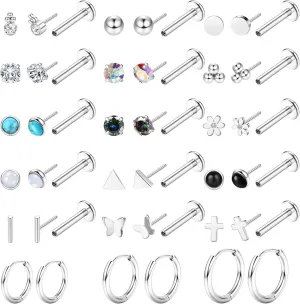 YADOCA 20G Threadless Flat Back Earrings for Women Men - Hypoallergenic Surgical Steel Push in Nose Stud Rings Labret Cartilage Lip Rings Medusa Nostril Conch Tragus Piercing Jewelry 18 Pairs