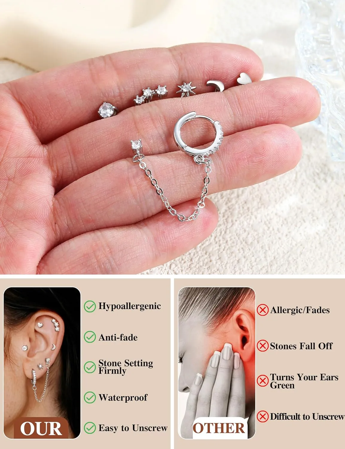 YADOCA Gold Flat Back Earrings for Women, 14K Gold Plated Trendy Cartilage Earring Sets for Multiple Piercing Hypoallergenic Small Huggie Hoop Earrings Stacks with Dangle Chain Dainty Gold Stud Earrings