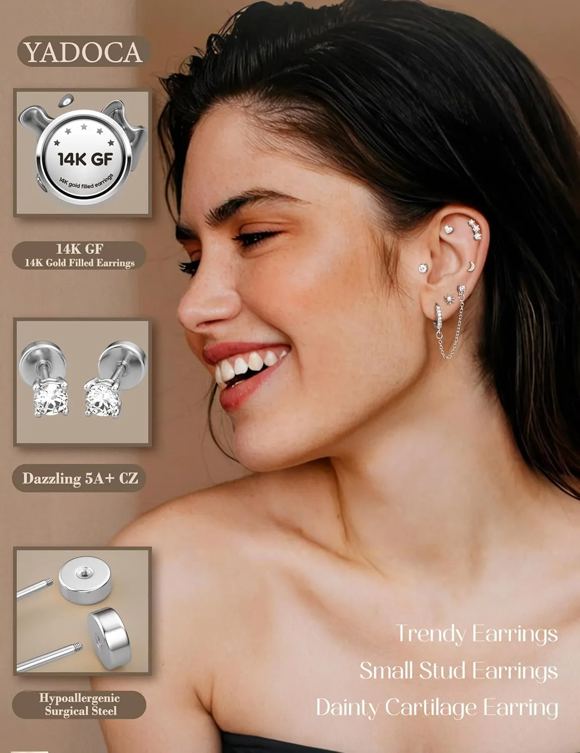 YADOCA Gold Flat Back Earrings for Women, 14K Gold Plated Trendy Cartilage Earring Sets for Multiple Piercing Hypoallergenic Small Huggie Hoop Earrings Stacks with Dangle Chain Dainty Gold Stud Earrings