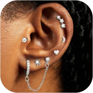 YADOCA Gold Flat Back Earrings for Women, 14K Gold Plated Trendy Cartilage Earring Sets for Multiple Piercing Hypoallergenic Small Huggie Hoop Earrings Stacks with Dangle Chain Dainty Gold Stud Earrings