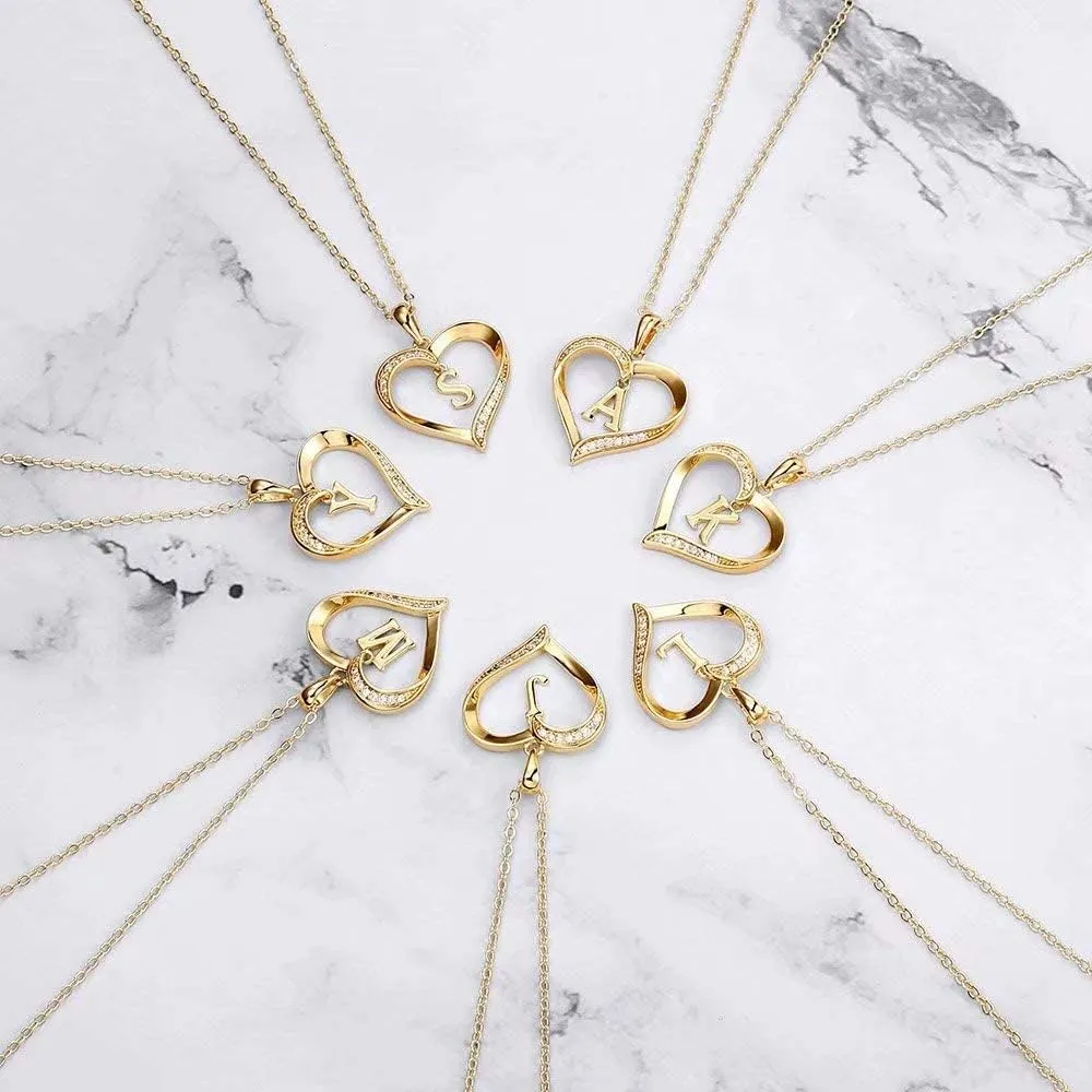 Yesteel Heart Initial Necklaces for Women, 14K Gold Plated Cubic Zirconia Heart Pendant Necklace, Dainty Initial Charm Necklace Letter A to Z Jewelry for Women Girls