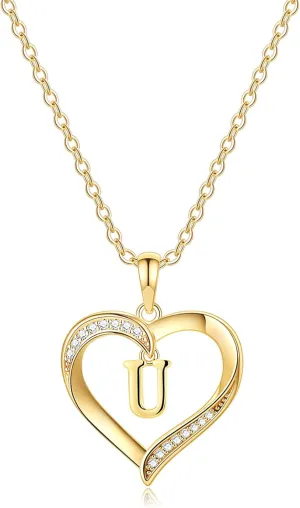 Yesteel Heart Initial Necklaces for Women, 14K Gold Plated Cubic Zirconia Heart Pendant Necklace, Dainty Initial Charm Necklace Letter A to Z Jewelry for Women Girls