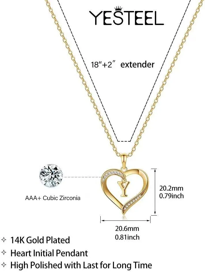 Yesteel Heart Initial Necklaces for Women, 14K Gold Plated Cubic Zirconia Heart Pendant Necklace, Dainty Initial Charm Necklace Letter A to Z Jewelry for Women Girls