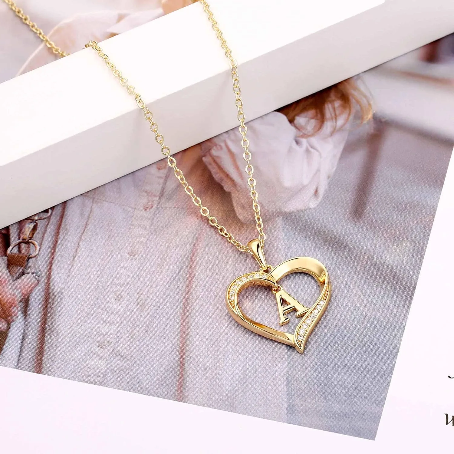 Yesteel Heart Initial Necklaces for Women, 14K Gold Plated Cubic Zirconia Heart Pendant Necklace, Dainty Initial Charm Necklace Letter A to Z Jewelry for Women Girls