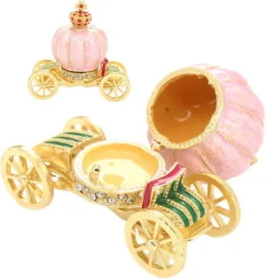 YOOYOO Unique Gift Present For Girls Women Cinderella Carriage Jewelry Box,Hinged Trinket Box, Metal Royal Crown Centerpiece, Hand Painted Ring Holder, Pocket Trinket (PINK)