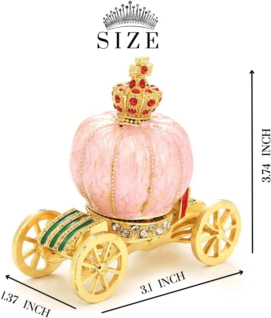 YOOYOO Unique Gift Present For Girls Women Cinderella Carriage Jewelry Box,Hinged Trinket Box, Metal Royal Crown Centerpiece, Hand Painted Ring Holder, Pocket Trinket (PINK)