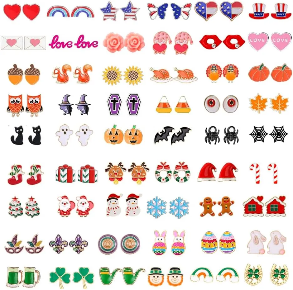Yoshow 54 Pairs Hypoallergenic Holiday Earrings Variety Pack Cute Halloween Stud Earrings Bulk for Women Teens Fun Thanksgiving Christmas Earrings Set Fall Earrings Jewelry