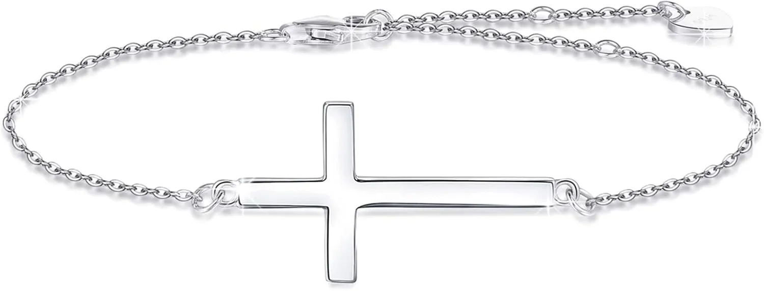 YZSFMZGE 925 Sterling Silver Cross Bracelet for Women 14K White Gold Plated Christian Faith Religious Bracelet Adjustable Cross Bracelet Anklet Jewelry Confirmation Gifts for Easter Festival