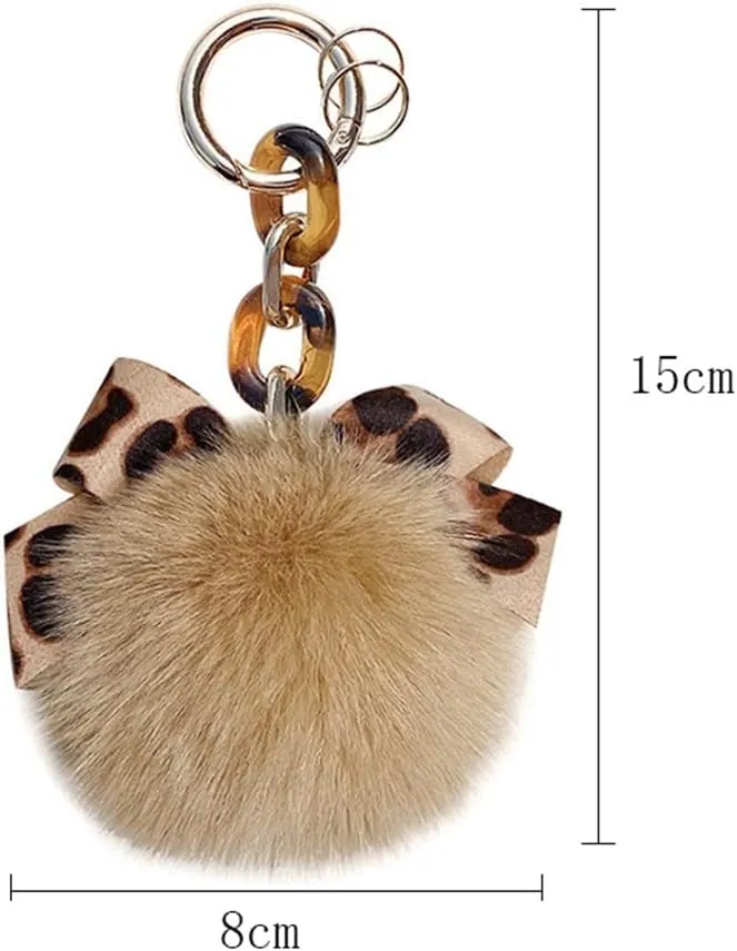 Zcargel Plush Key Ring Stuffed Fluffy Faux Pompom Keychain Animals Keyring Charm Leopard Pattern Bowknot Keychain Fox Fur Pompom Keychain for Ladies Girls Women