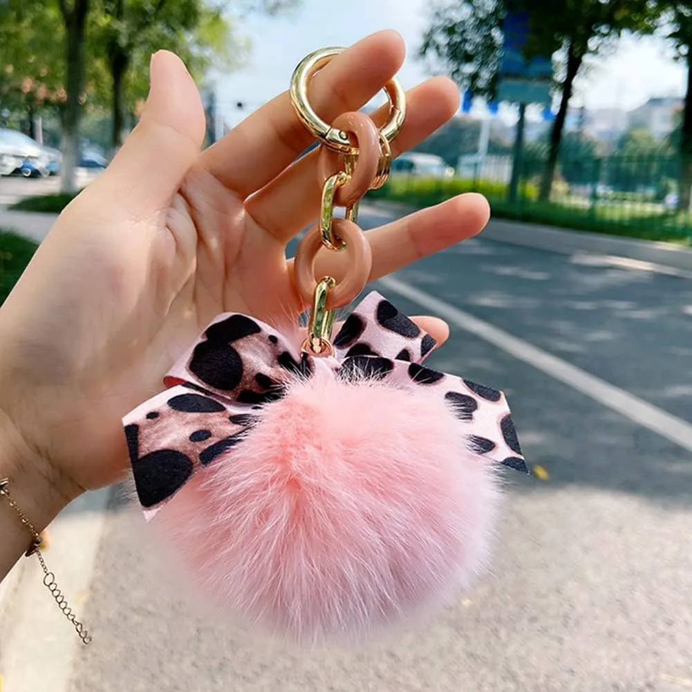 Zcargel Plush Key Ring Stuffed Fluffy Faux Pompom Keychain Animals Keyring Charm Leopard Pattern Bowknot Keychain Fox Fur Pompom Keychain for Ladies Girls Women
