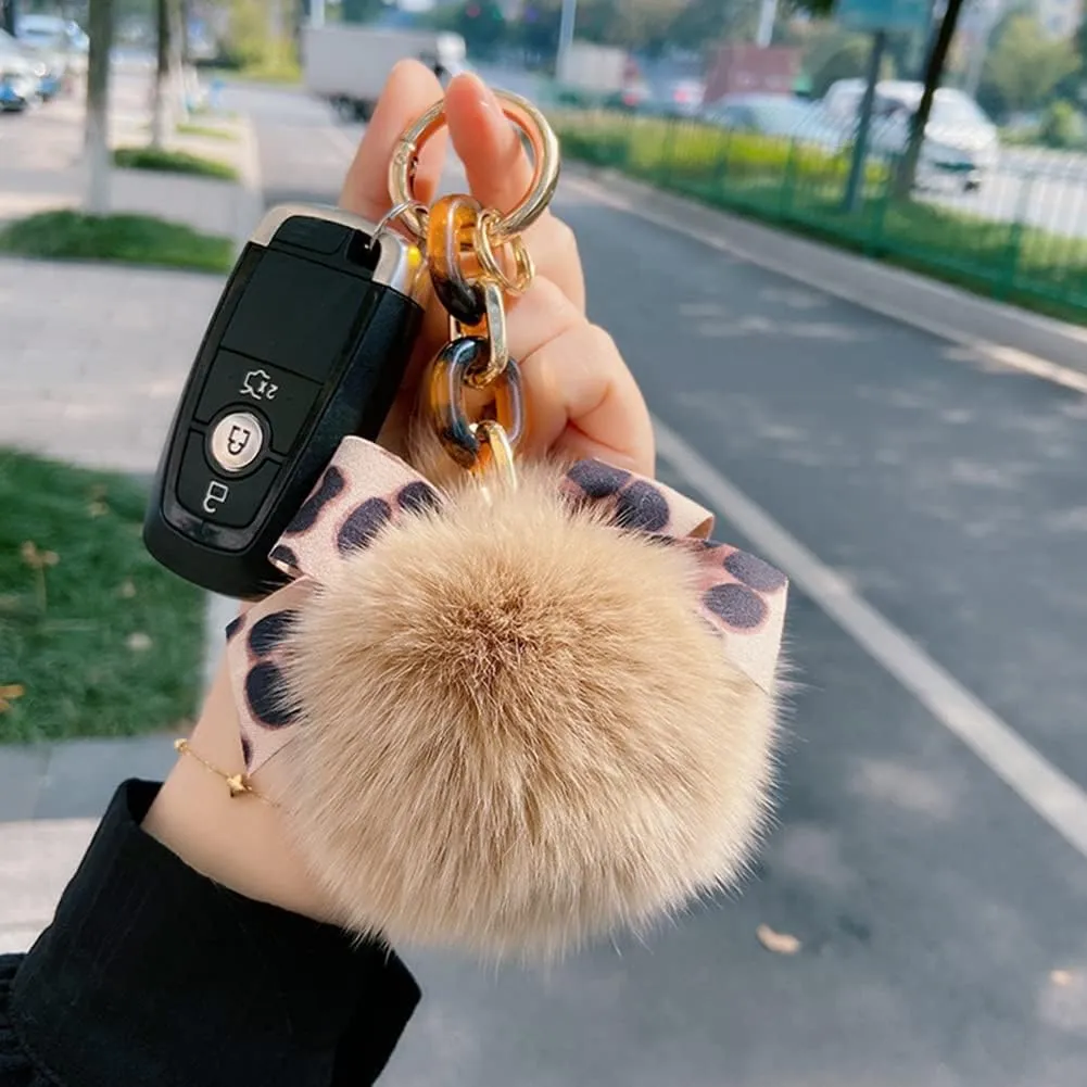 Zcargel Plush Key Ring Stuffed Fluffy Faux Pompom Keychain Animals Keyring Charm Leopard Pattern Bowknot Keychain Fox Fur Pompom Keychain for Ladies Girls Women