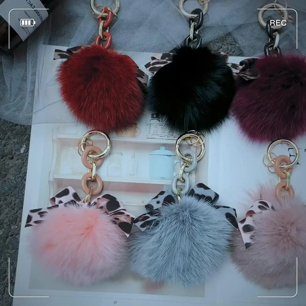 Zcargel Plush Key Ring Stuffed Fluffy Faux Pompom Keychain Animals Keyring Charm Leopard Pattern Bowknot Keychain Fox Fur Pompom Keychain for Ladies Girls Women