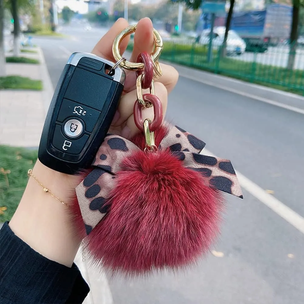 Zcargel Plush Key Ring Stuffed Fluffy Faux Pompom Keychain Animals Keyring Charm Leopard Pattern Bowknot Keychain Fox Fur Pompom Keychain for Ladies Girls Women