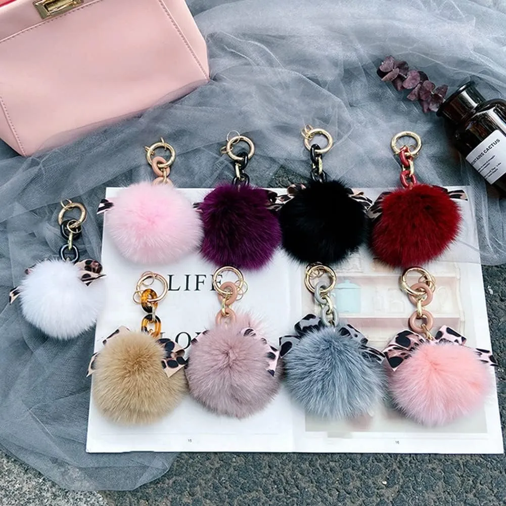 Zcargel Plush Key Ring Stuffed Fluffy Faux Pompom Keychain Animals Keyring Charm Leopard Pattern Bowknot Keychain Fox Fur Pompom Keychain for Ladies Girls Women
