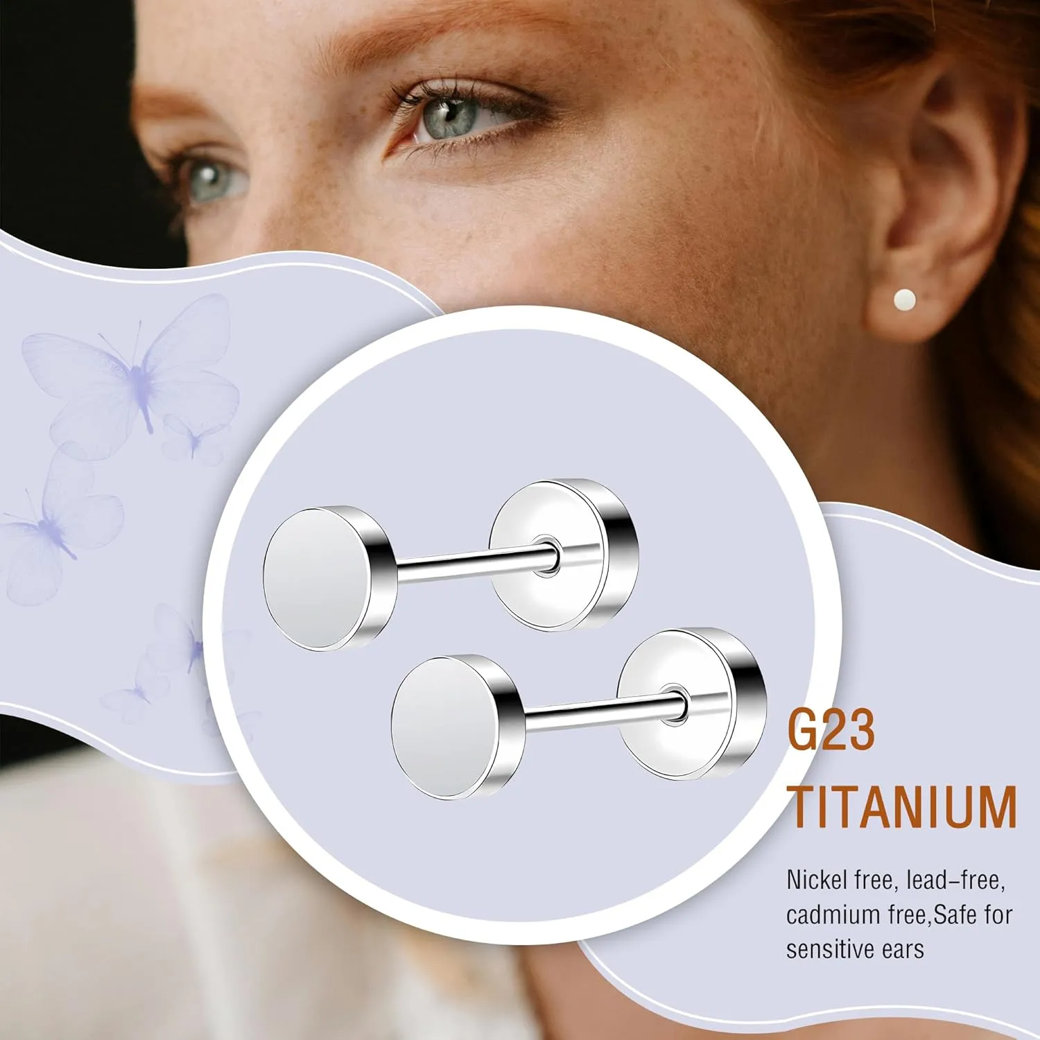 ZDE Women Earrings Flat Back Dot Earrings Titanium Hypoallergenic Cartilage Non-Nickel Earrings Studs for Sensitive Ears Simple Classic 3mm/4mm/5mm/6mm Screw On Stud Earring