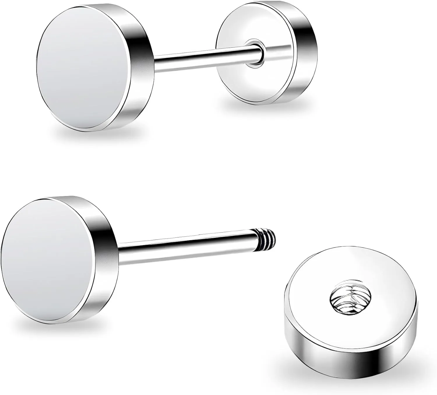 ZDE Women Earrings Flat Back Dot Earrings Titanium Hypoallergenic Cartilage Non-Nickel Earrings Studs for Sensitive Ears Simple Classic 3mm/4mm/5mm/6mm Screw On Stud Earring