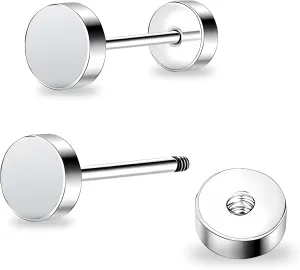 ZDE Women Earrings Flat Back Dot Earrings Titanium Hypoallergenic Cartilage Non-Nickel Earrings Studs for Sensitive Ears Simple Classic 3mm/4mm/5mm/6mm Screw On Stud Earring