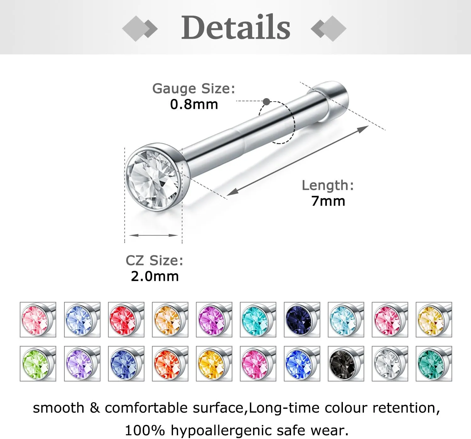 Zolure 18G 20G 22G Nose Pin Bone Screws Studs Surgical Steel Body Piercing Jewelry for Women Men