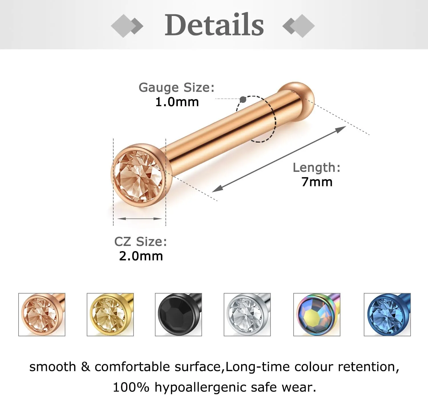Zolure 18G 20G 22G Nose Pin Bone Screws Studs Surgical Steel Body Piercing Jewelry for Women Men