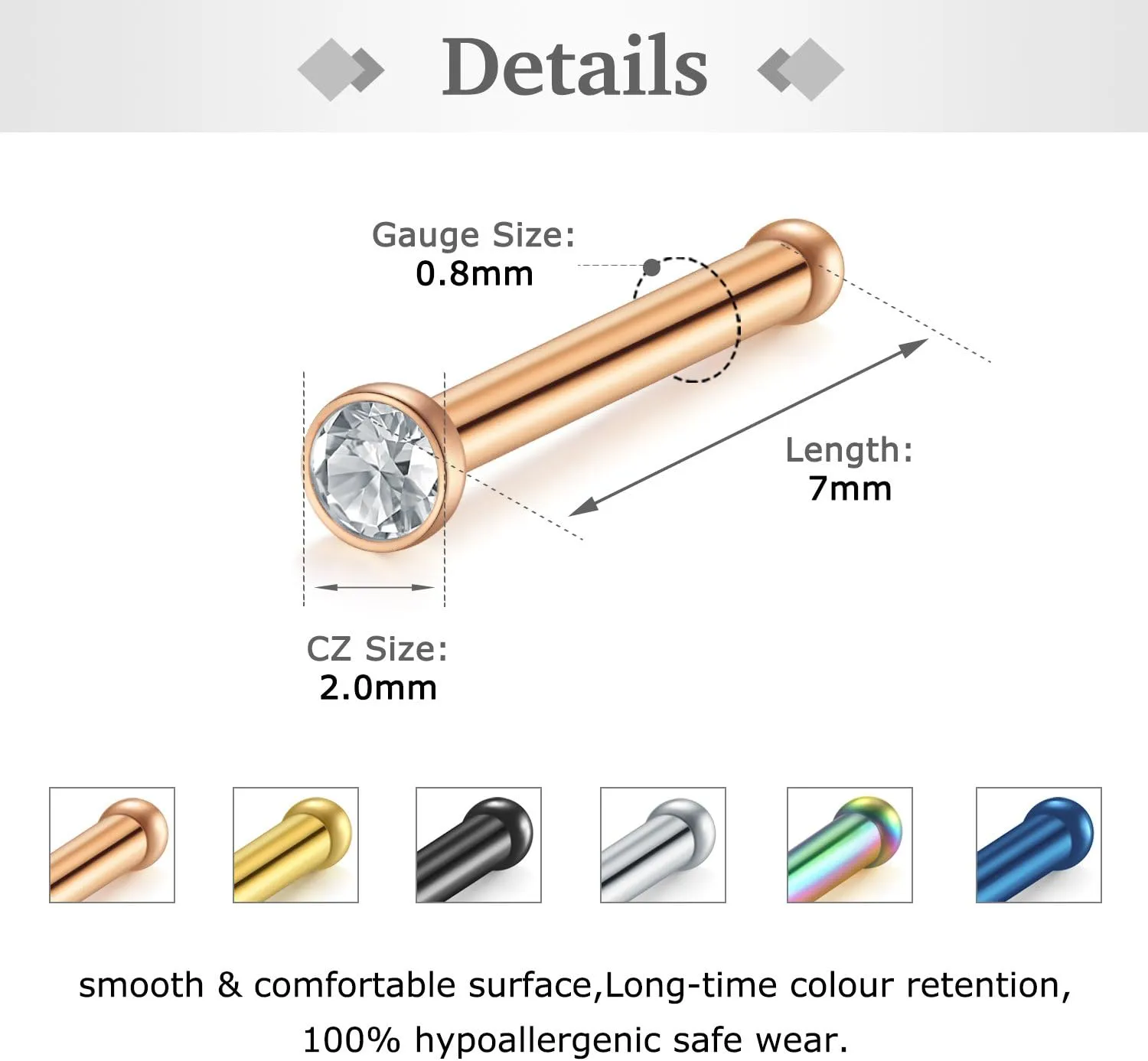 Zolure 18G 20G 22G Nose Pin Bone Screws Studs Surgical Steel Body Piercing Jewelry for Women Men